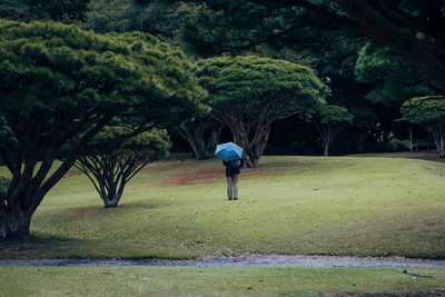 A man stood in the rain holding an umbrella